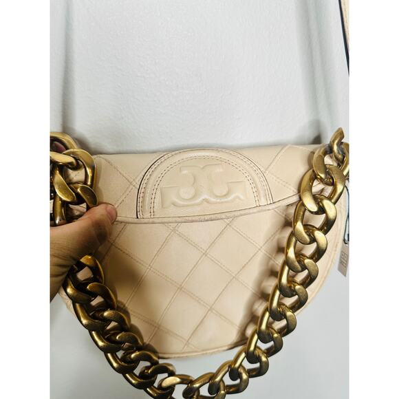 TORY BURCH Neutral White Leather Gold Chain Link Handle Shoulder Strap Bag Purse - Picture 5 of 10